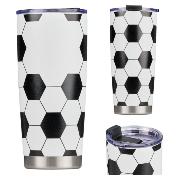 Termo de doble pared de acero inoxidable con print de balón de soccer y tapa de cierre a presión.