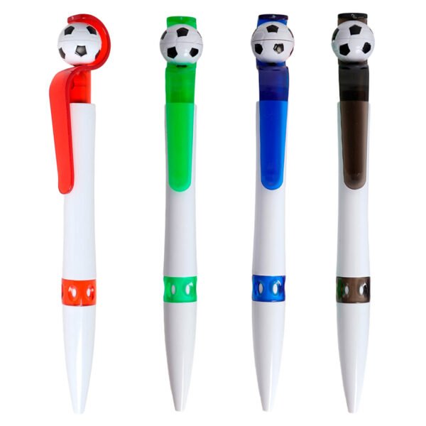 Bolígrafo plástico con clip que funciona como mecanismo de click y balón spinner en la parte superior como accesorio anti-estrés.