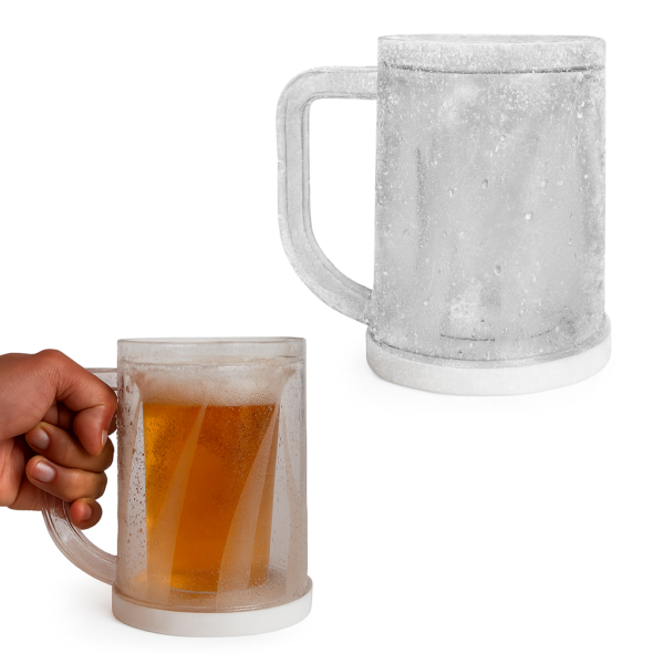 Tarro de plástico con doble pared, rosca y asa. La parte de abajo se abre para poder agregar agua y congelarla.