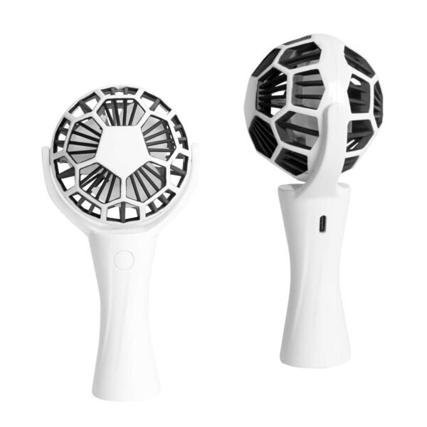 Ventilador portátil giratorio con mango de plástico, botón de encendido/apagado, 3 velocidades y centro de carga tipo C.