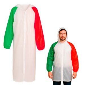 09072025110622_MX005.jpg Impermeable tricolor con capucha botones y mangas con resorte.