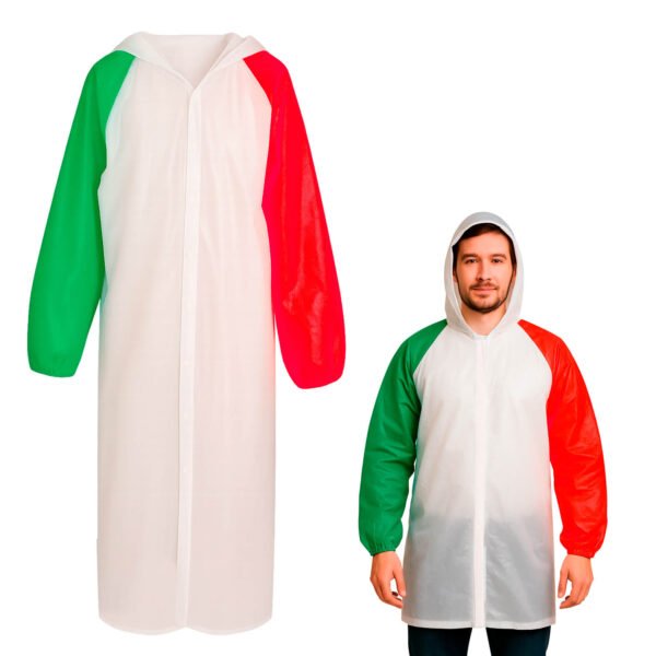 Impermeable tricolor con capucha botones y mangas con resorte.