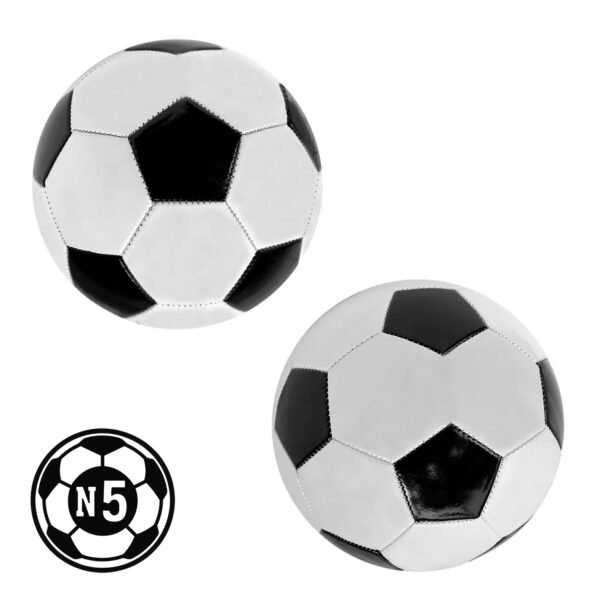 Balón de fútbol talla 5 con doble capa, 32 gajos cosidos a maquina (hexágonos y pentágonos) y acabado brillante. Presión recomendada: entre 6 y 8 psi.