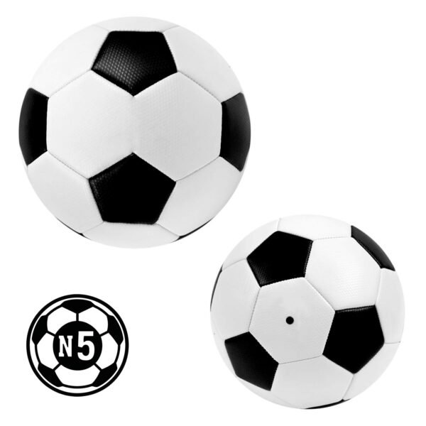 Balón de futbol talla 5, con 32 gajos cosidos a maquina (hexagonos y pentagonos), acabado texturizado e hilos de goma laminados para mayor resistencia. Presión recomendada: entre 6 y 8 psi.