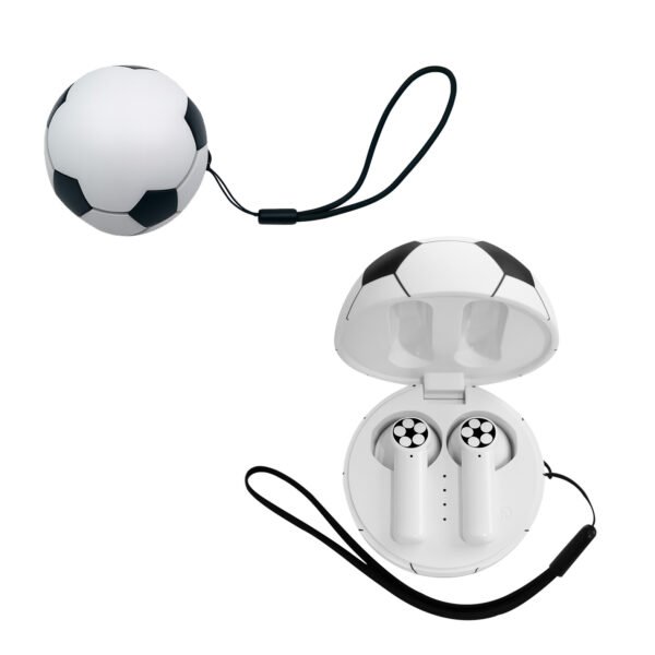 Audífonos Bluetooth con con estuche de balón de soccer para carga y mecanismo touch, con indicador de carga y correa.