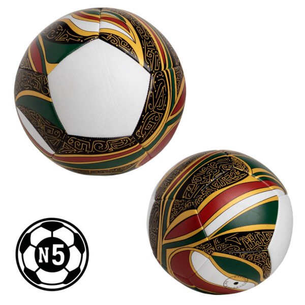 Balón de futbol talla 5, cuenta con 12 gajos cosidos a maquina (hexágonos y pentágonos) y acabado texturizado. Presión recomendada: entre 6 y 8 psi.