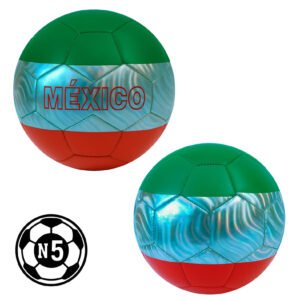 24072025120531_FUT007.jpg Balón de futbol talla 5, con 32 gajos cosidos a maquina (hexágonos y pentágonos), acabado texturizado e hilos de goma laminados para mayor resistencia. Presión recomendada: entre 6 y 8 psi.