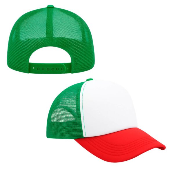 Gorra tricolor con malla de 6 gajos y broche snapback.