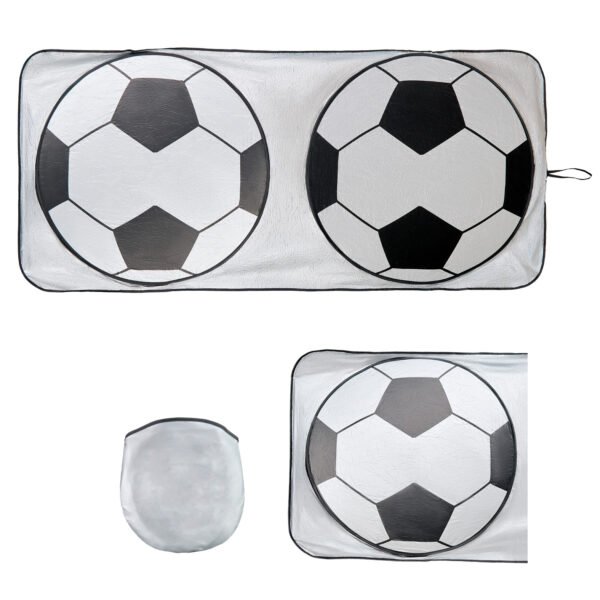 Parasol panorámico plegable de poliéster para auto con impresión de balón y funda para guardar.