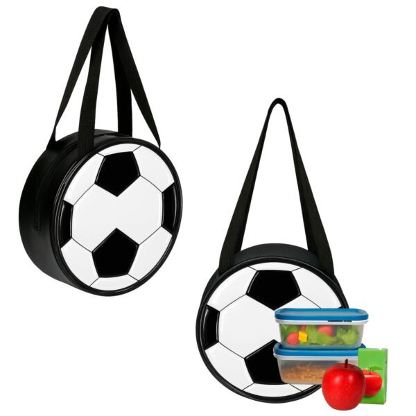 Lonchera con un compartimento interior permeable, cierre, print de balón de soccer y asas.