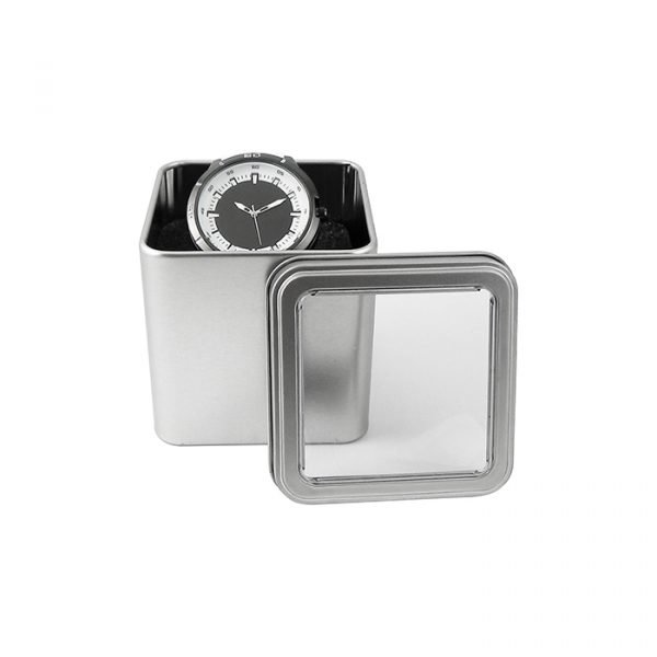 Estuche metálico cuadrado con ventana en tapa.