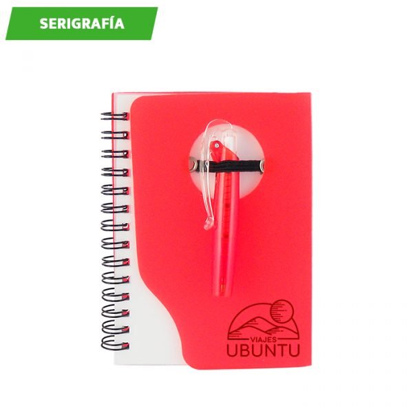 Libreta de plástico con bolígrafo.